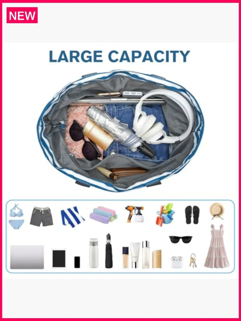 Large Waterproof Beach Tote Foldable Travel Bag with Pockets